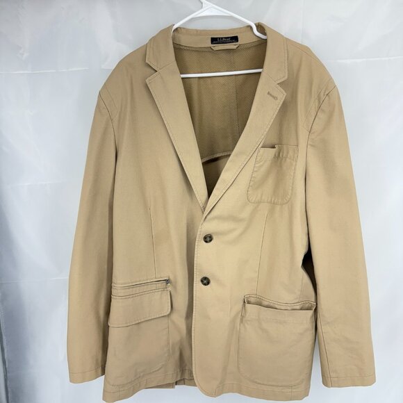 LL Bean Men 48 Tall Travel Blazer Jacket Sport Coat Tan Beige 2 Button Commute - Picture 1 of 12